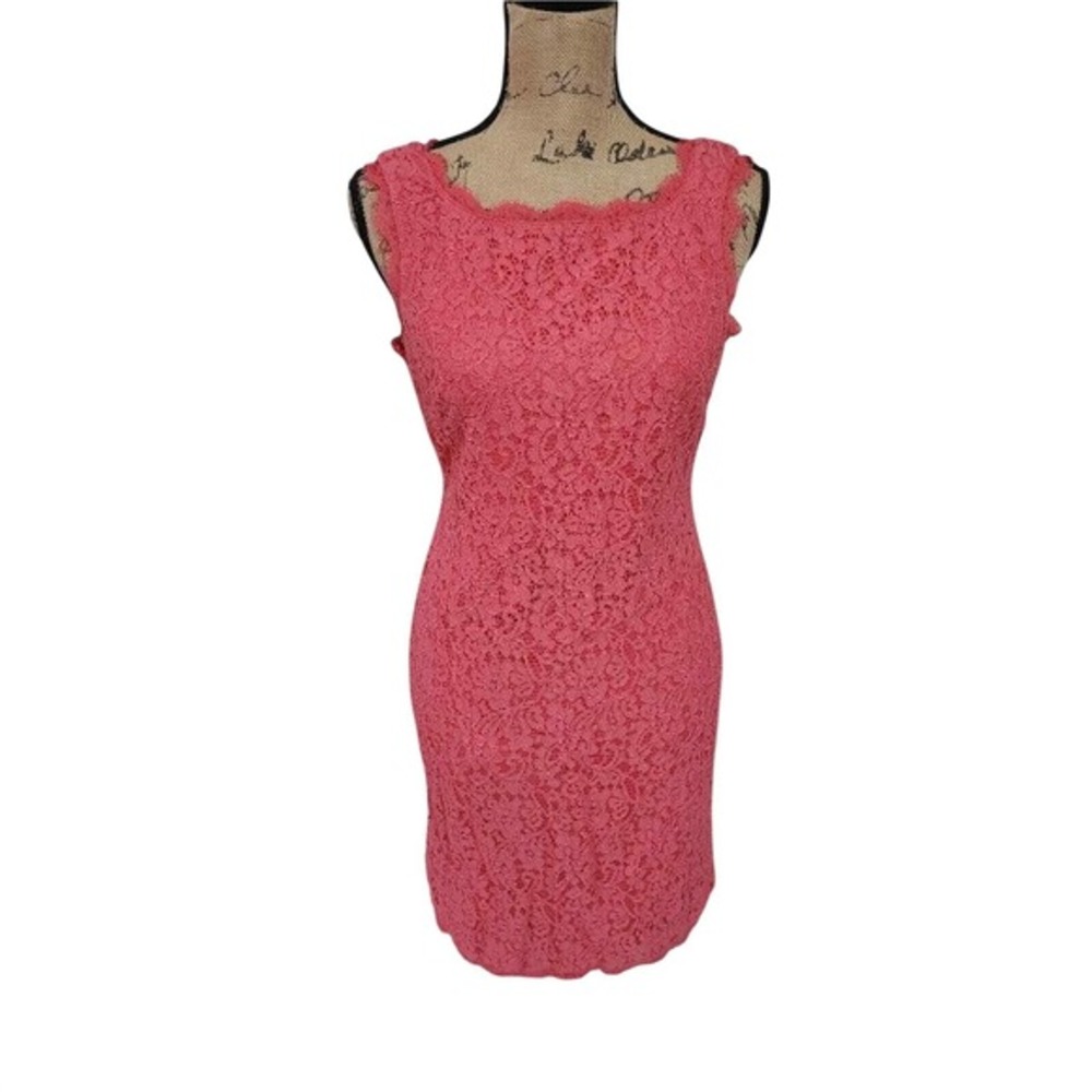 Adrianna Papell Women Coral Pink Floral Lace Sheath Dress V Full Zip Back Size 6